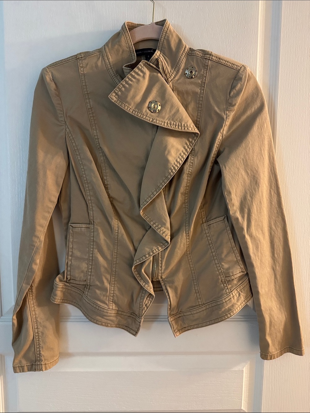 White House Black Market Khaki Ruffle-Front Utility Jacket